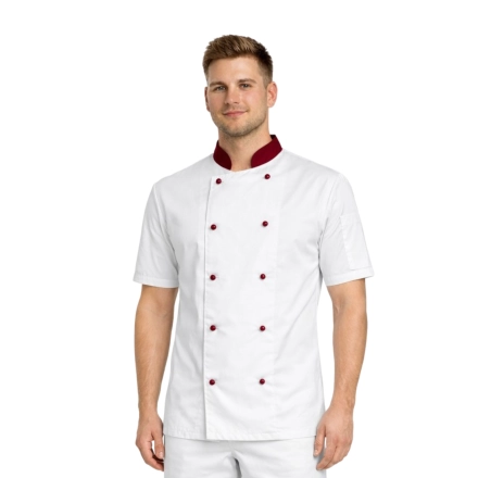Bluza kucharska biała krótki rękaw wstawki bordowe roz.M – bluza kucharska – odzież gastronomiczna